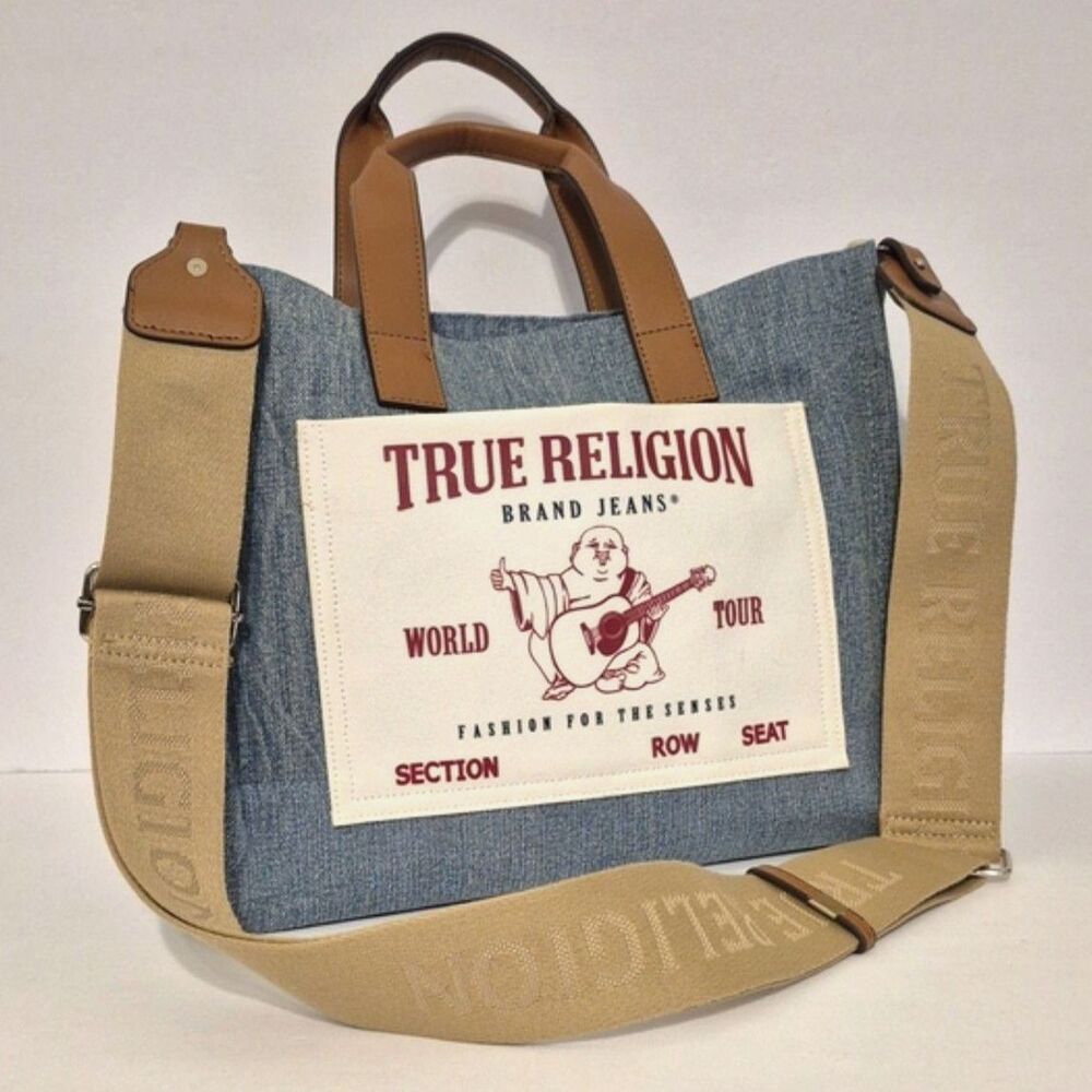 True Religion Denim Tote Bag World Tour Buddha Y2K Convertible Crossbody Purse